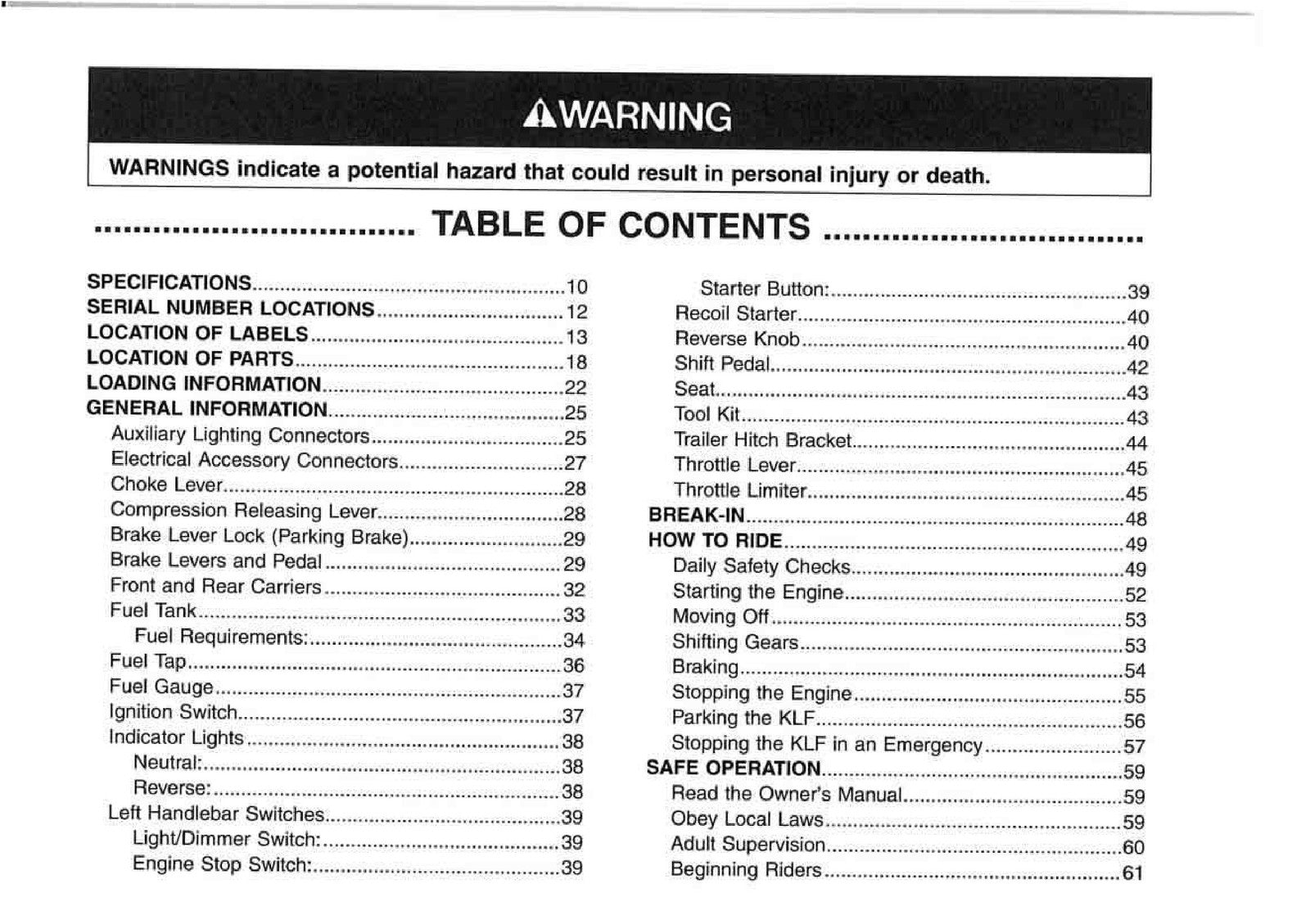 KAWASAKI Bayou 250 Owners Manual 2003 - STEEL WIRE BOUND - PROTECTIVE COVERS