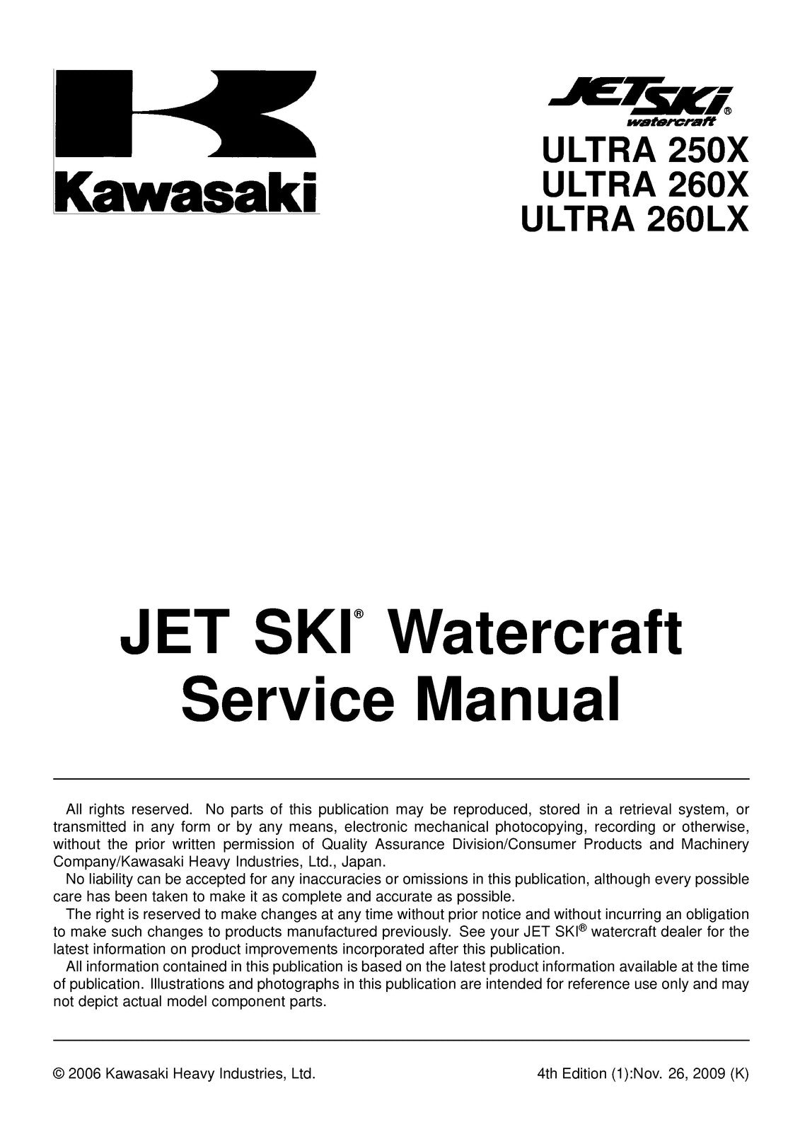 KAWASAKI ULTRA 250X 260X 260LX Jet Ski Watercarft Service Manual - WIRE BOUND