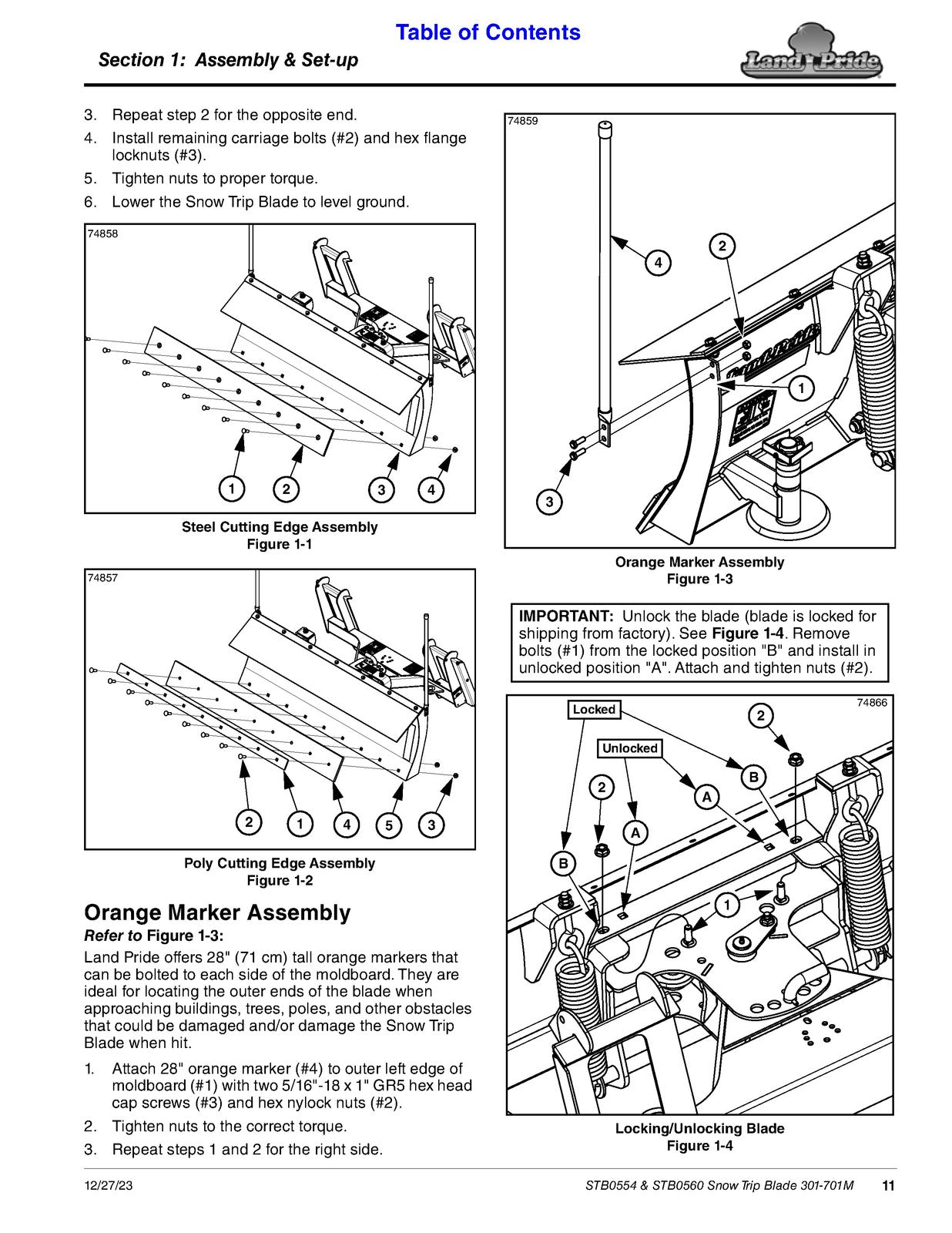 LAND PRIDE STB05 Series Snow Trip Blades Operators Manual - WIRE BOUND - COVERS