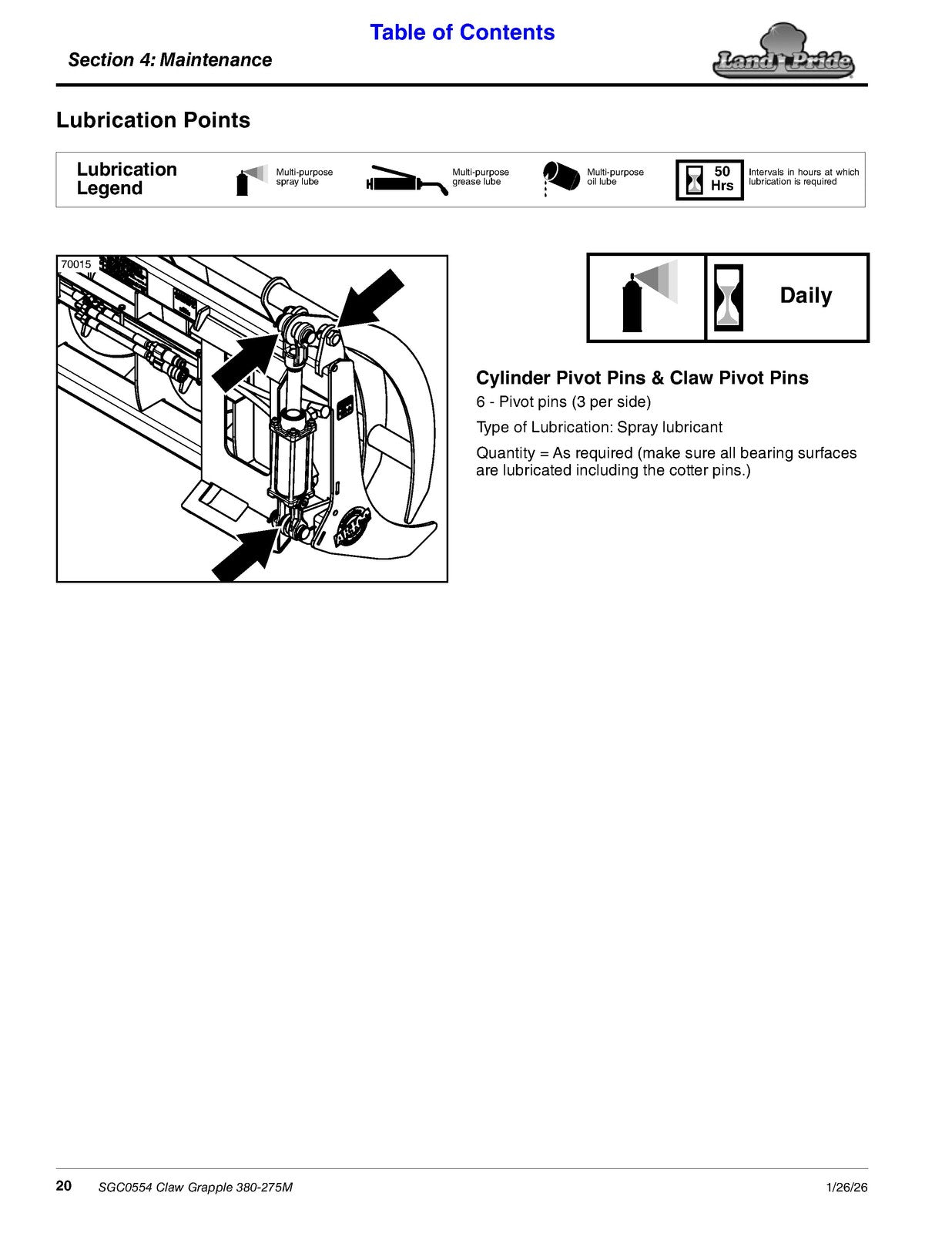 LAND PRIDE SGC0554 Claw Grapples Operators Manual - WIRE BOUND - TOUGH COVERS