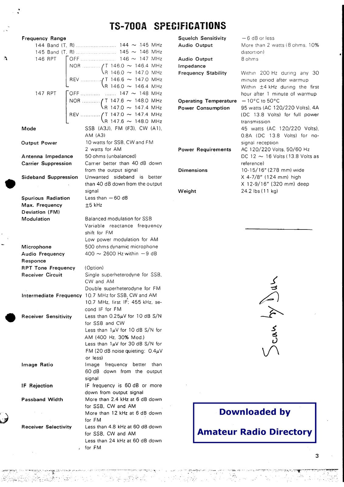 KENWOOD TS-700G 2m Transceiver Service Manual - STEEL WIRE BOUND - TOUGH COVERS