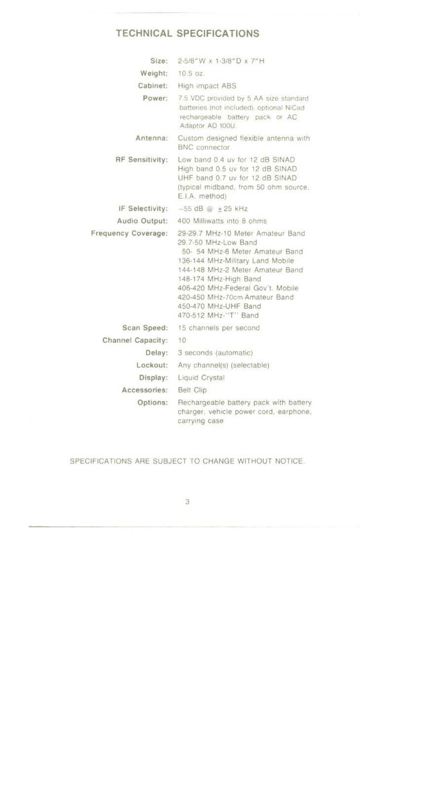 UNIDEN Bearcat BC 50XL Scanner Operating Instructions Manual - WIRE BOUND