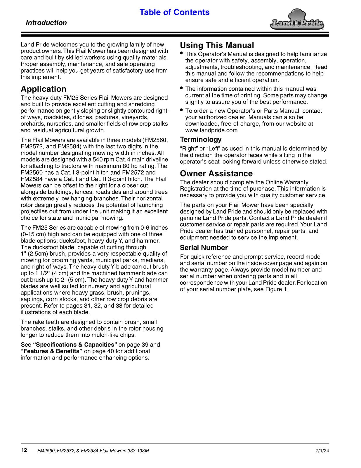 LAND PRIDE FM25 Series Flail Mowers Operators Manual - WIRE BOUND - TOUGH COVERS