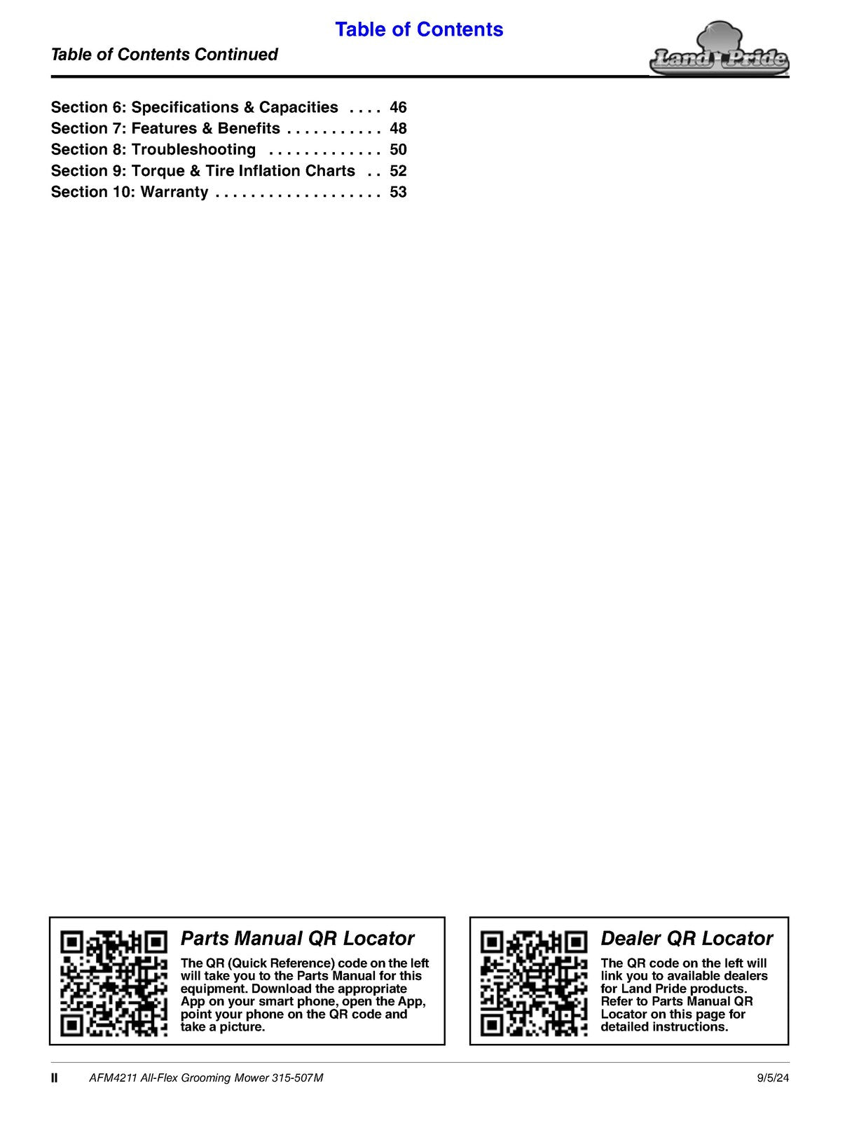 LAND PRIDE AFM4211 All-flex Mowers Operators Manual - WIRE BOUND - TOUGH COVERS