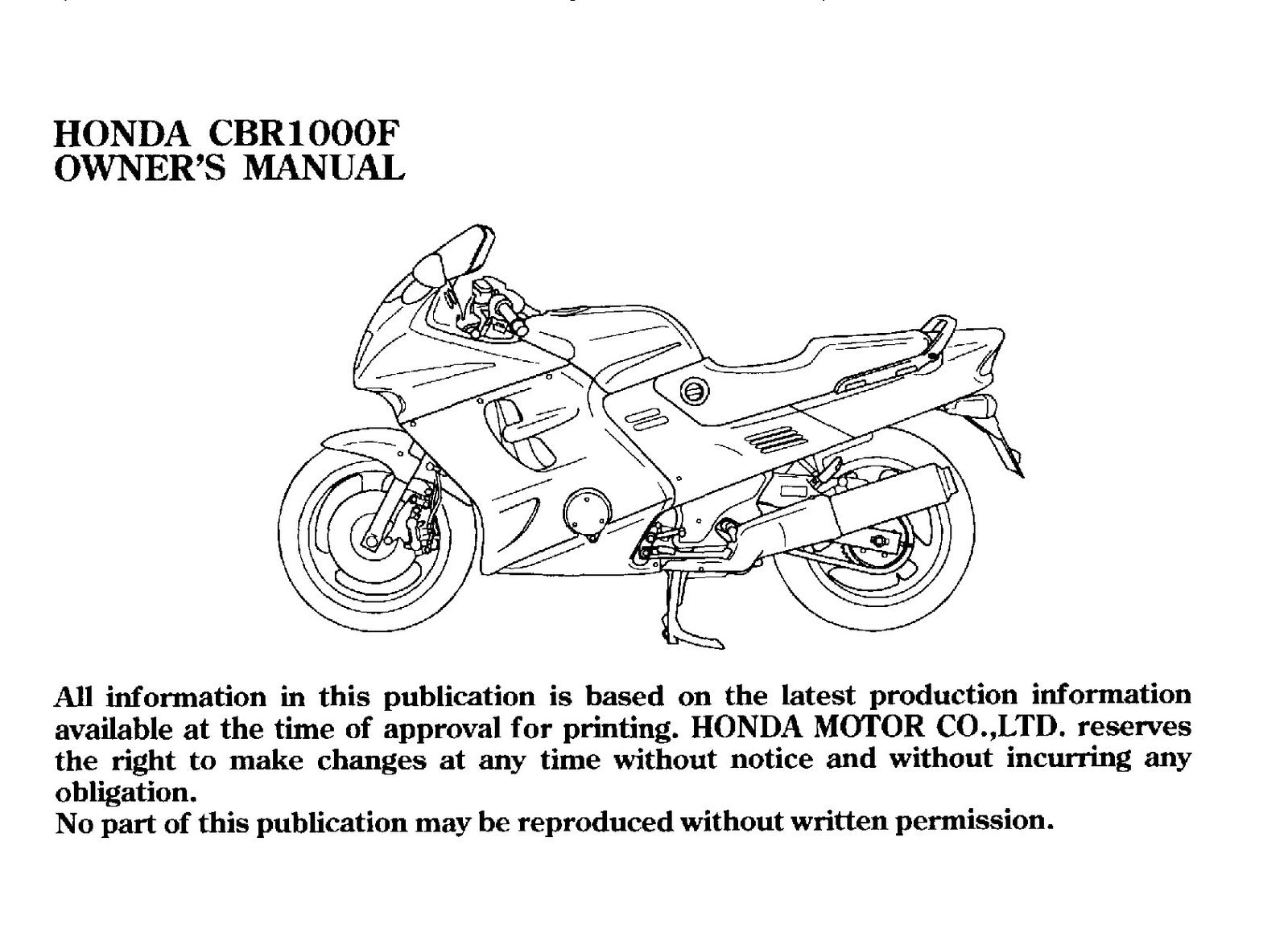 HONDA CBR1000F Motorcycle Owners Manual 1994 - BOUND - COVERS - XL FOLDOUT PAGES