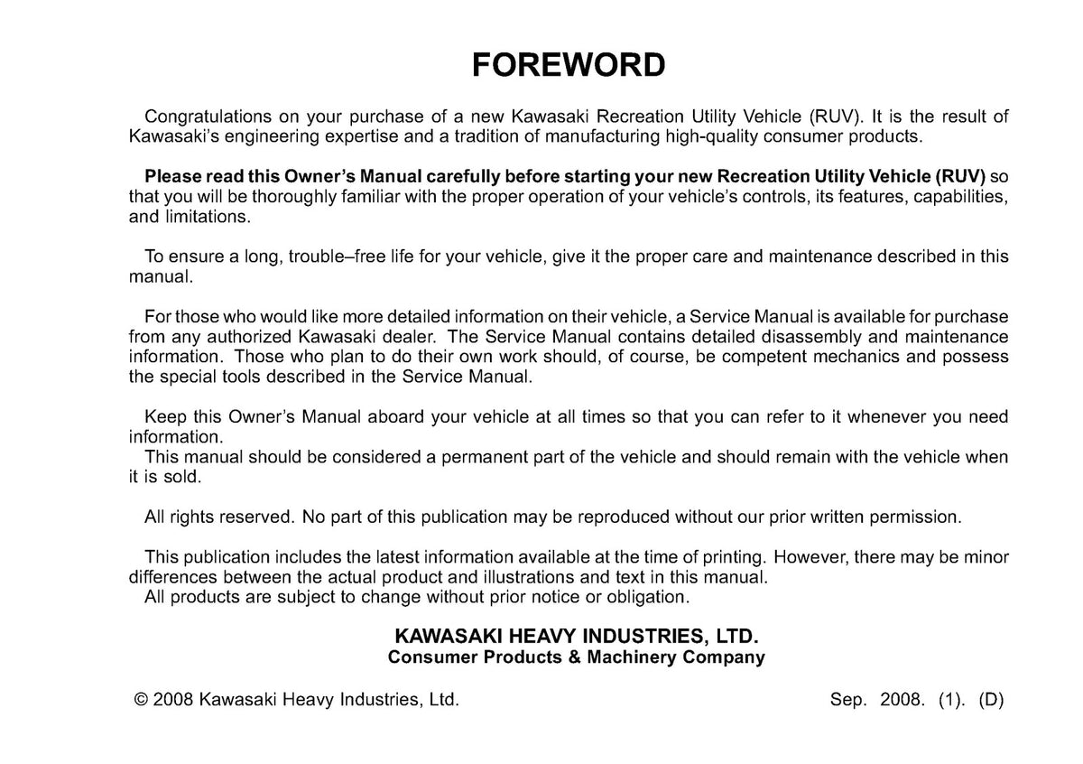 KAWASAKI Teryx 750 FI 4x4 LE Owners Manual 2009 - WIRE BOUND - TOUGH COVERS