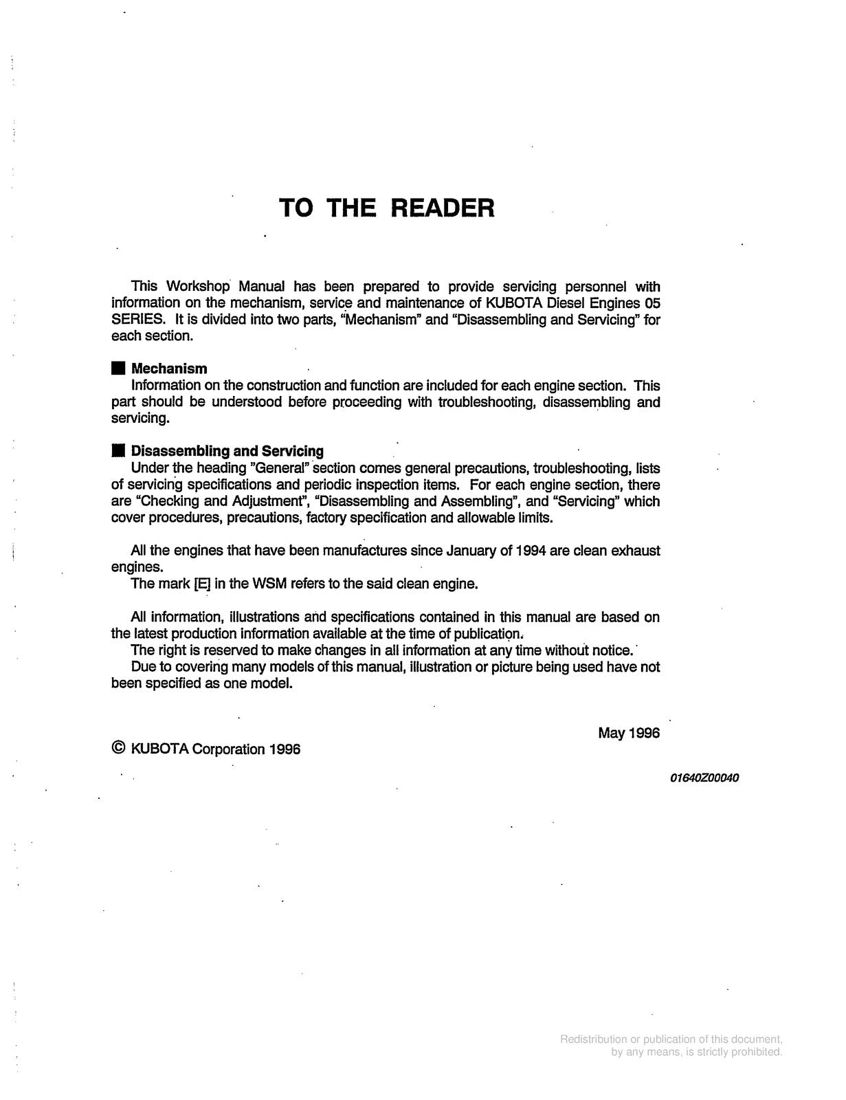 KUBOTA 05 Series Diesel Engine Workshop Manual 1996 - WIRE BOUND - TOUGH COVERS