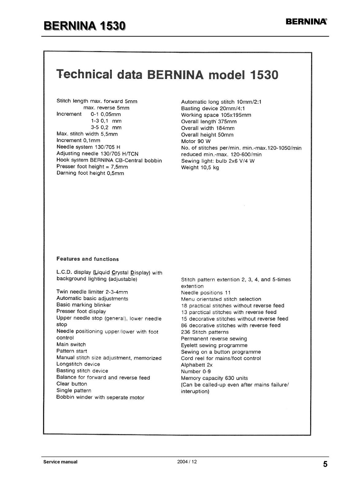 BERNINA 1530 Sewing Machine Service Manual 2004 - WIRE BOUND - TOUGH COVERS