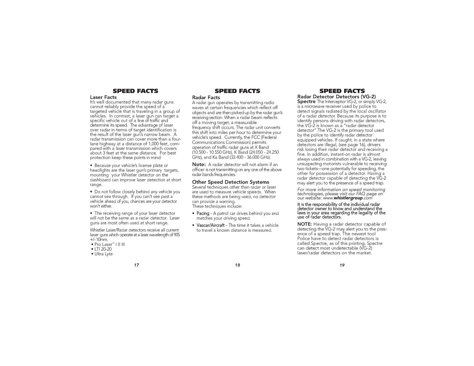 WHISTLER XTR-105 Laser Radar Detector Owners Manual 2007 - WIRE BOUND - COVERS