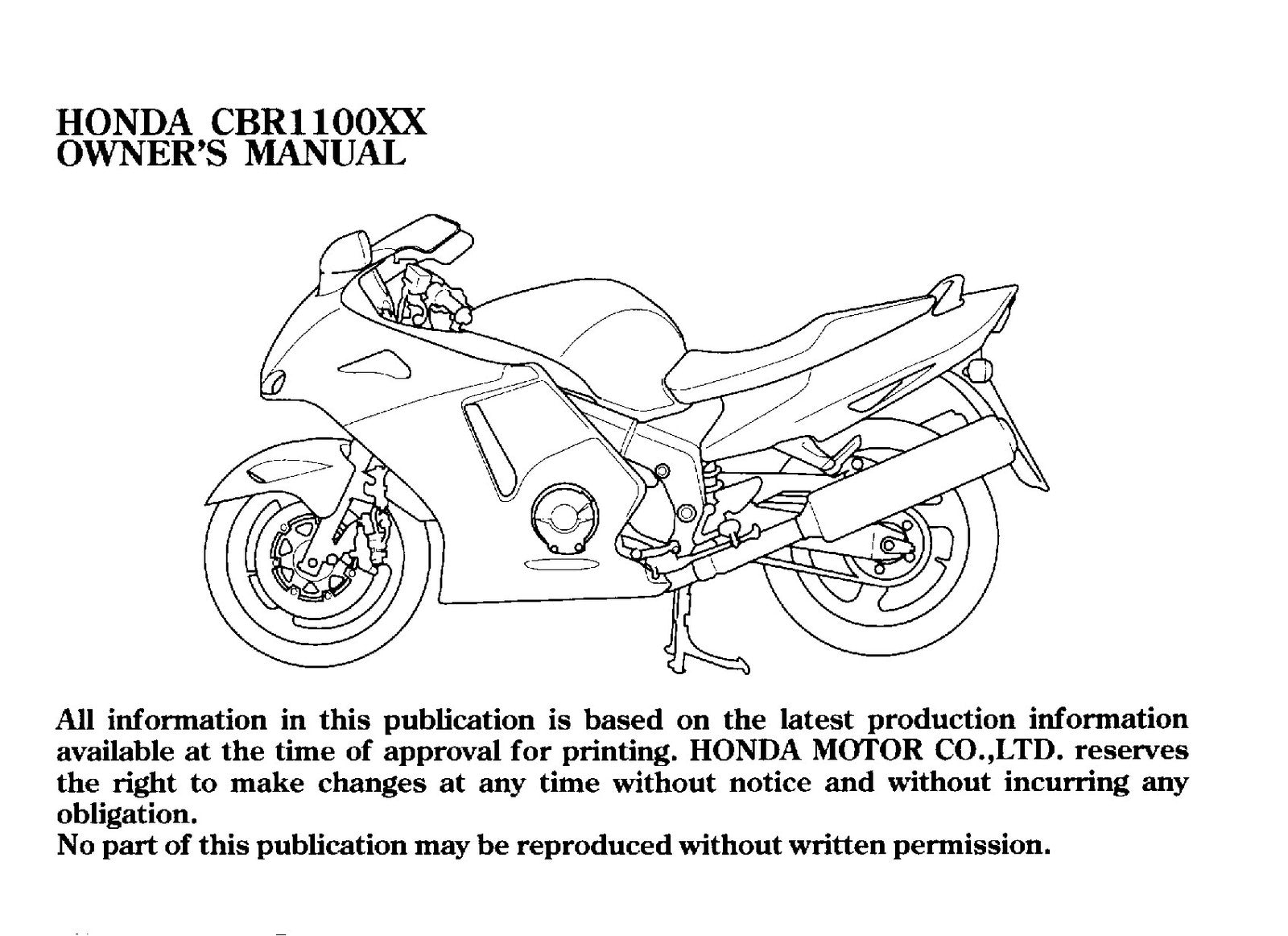HONDA CBR1100XX Motorcycle Owners Manual 2000 - BOUND - COVERS - XL FOLDOUTS