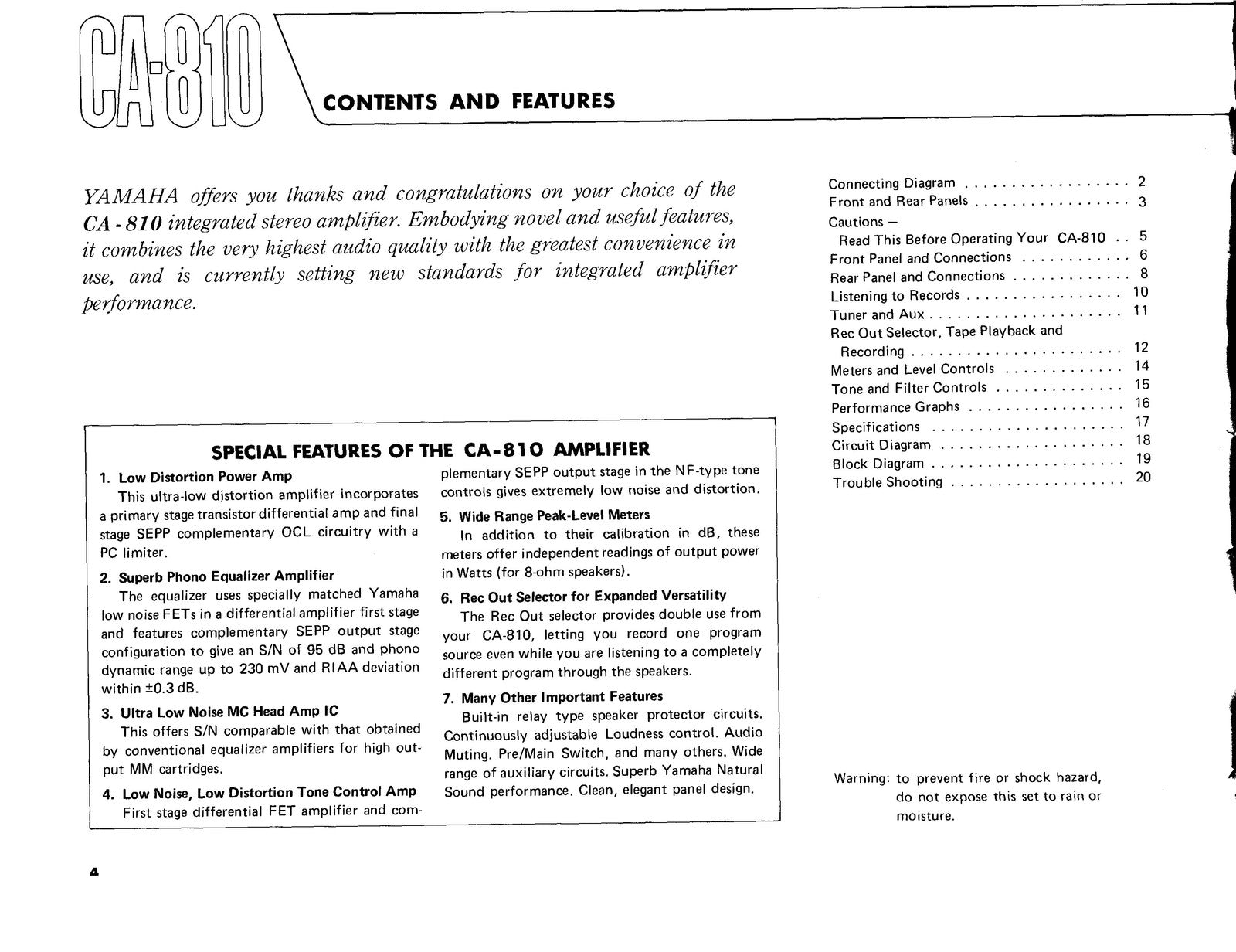 YAMAHA CA-810 Integrated Stereo Amplifier Owners Manual - WIRE BOUND - COVERS