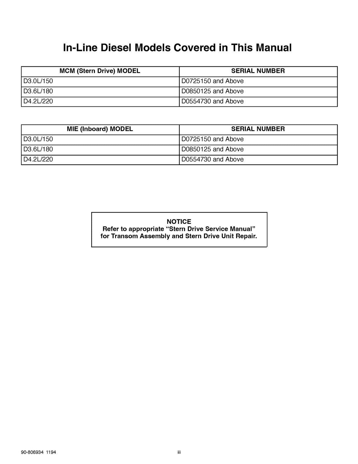MERCURY MERCRUISER NO. 21 MARINE ENGINES IN-LINE DIESEL SERVICE MANUAL - BOUND