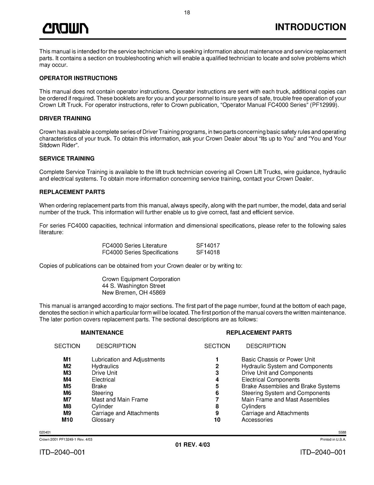 CROWN FC4000 Series Service Maintenance Manual - STEEL WIRE BOUND - TOUGH COVERS