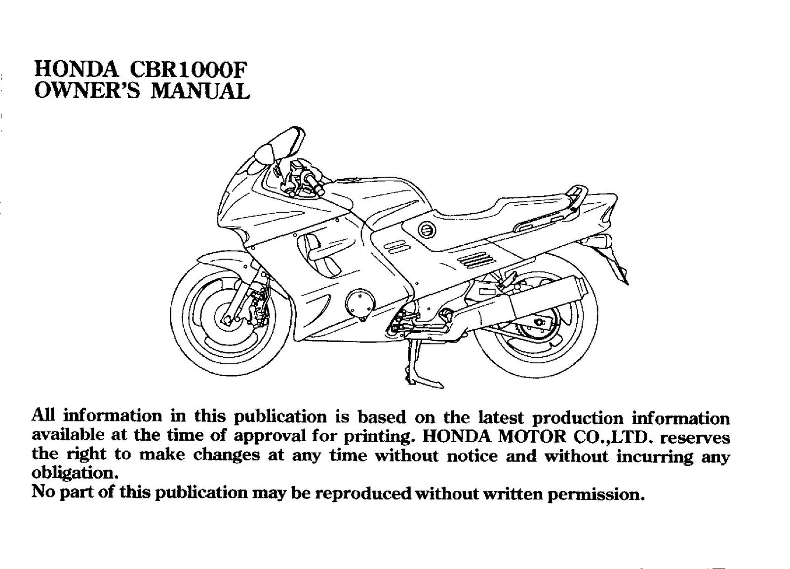 HONDA CBR1000F Motorcycle Owners Manual 1996 - BOUND - COVERS - XL FOLDOUT PAGES