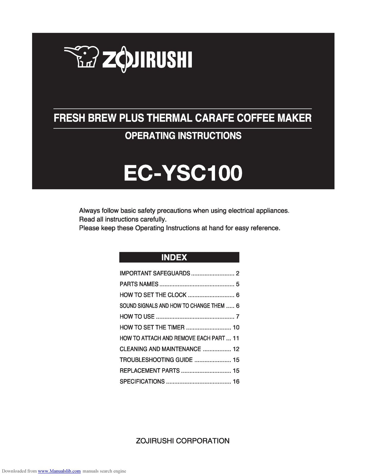 ZOJIRUSHI EC-YSC100 Coffee Maker Operating Instructions Manual - WIRE BOUND