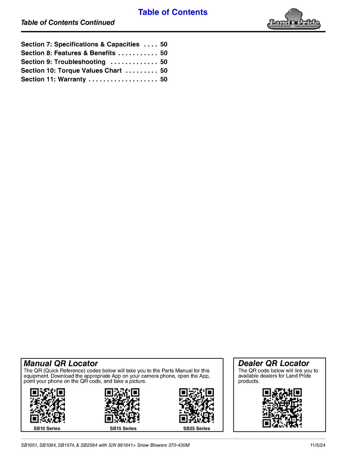 LAND PRIDE SB10 Series Snow Blowers Operators Manual - WIRE BOUND - TOUGH COVERS