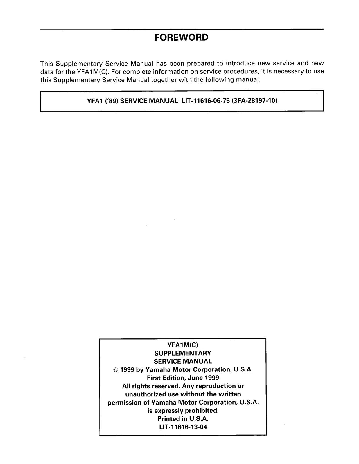 YAMAHA YFA1W YFA1M Supplementary Service Manual 1999 - BOUND - COVERS - FOLDOUTS