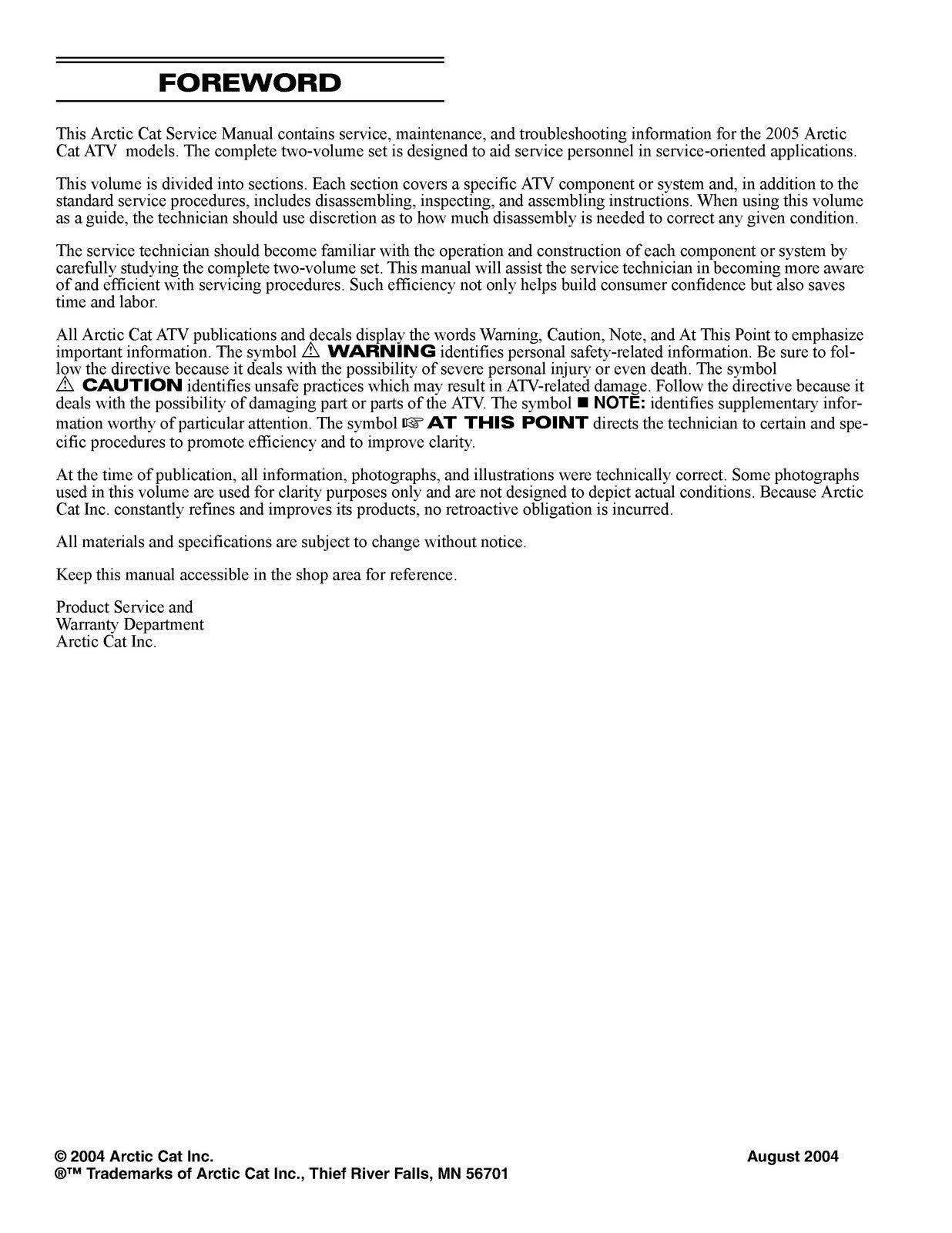 ARCTIC CAT 400 4X4 ATV 2005 Service Manual - BOUND - COVERS - XL FOLDOUT PAGES