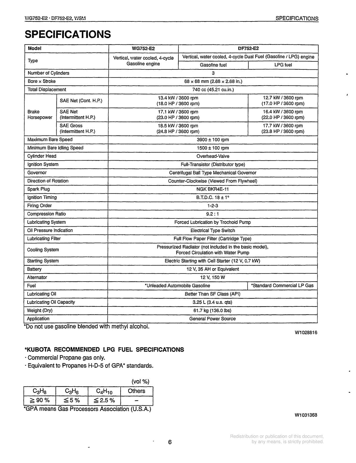 KUBOTA WG752-E2 DF752-E2 Gasoline LPG Engine Workshop Manual 2003 - WIRE BOUND