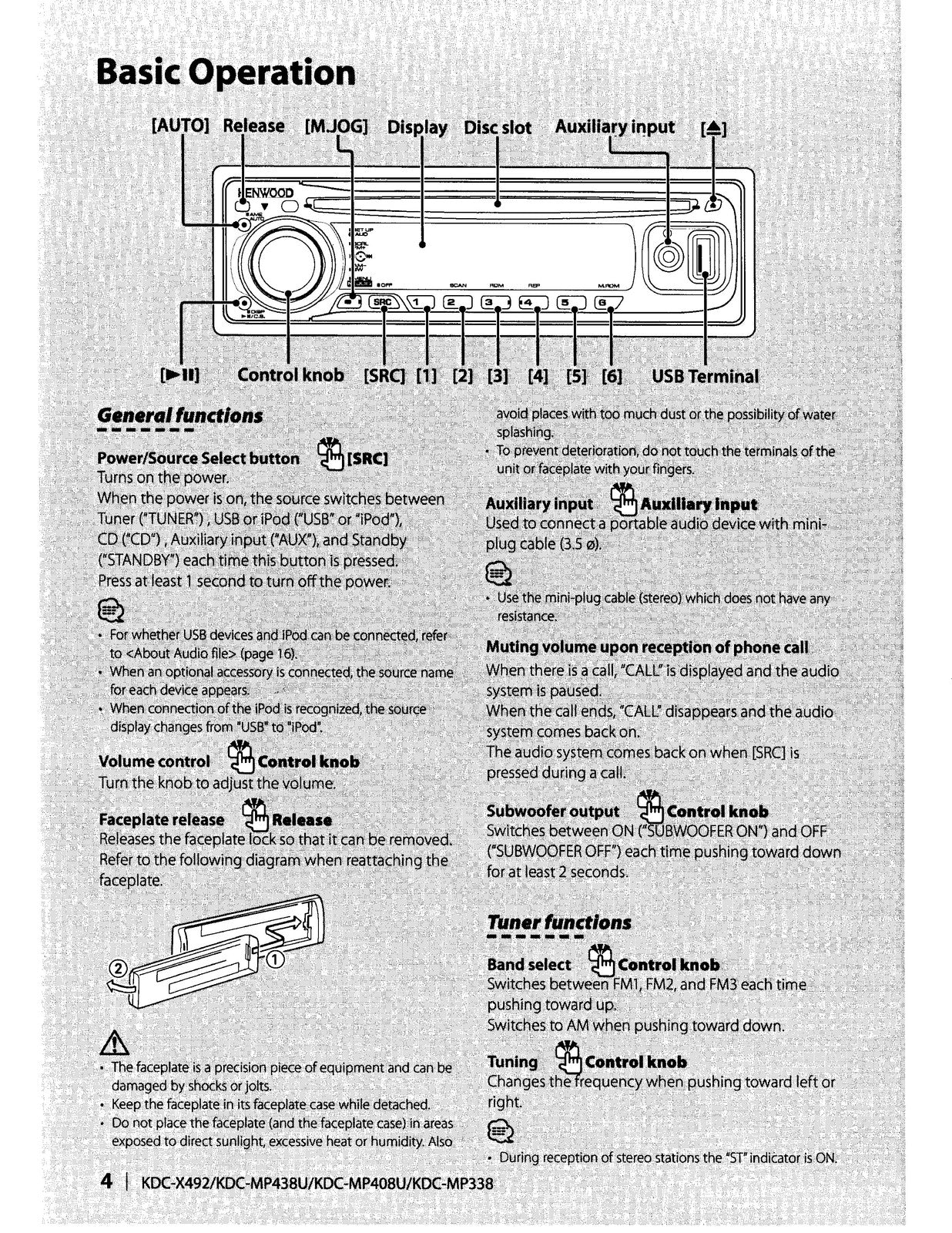 KENWOOD KDC-X492 KDC-MP438U 408U 338 CD-Receiver Instruction Manual - WIRE BOUND