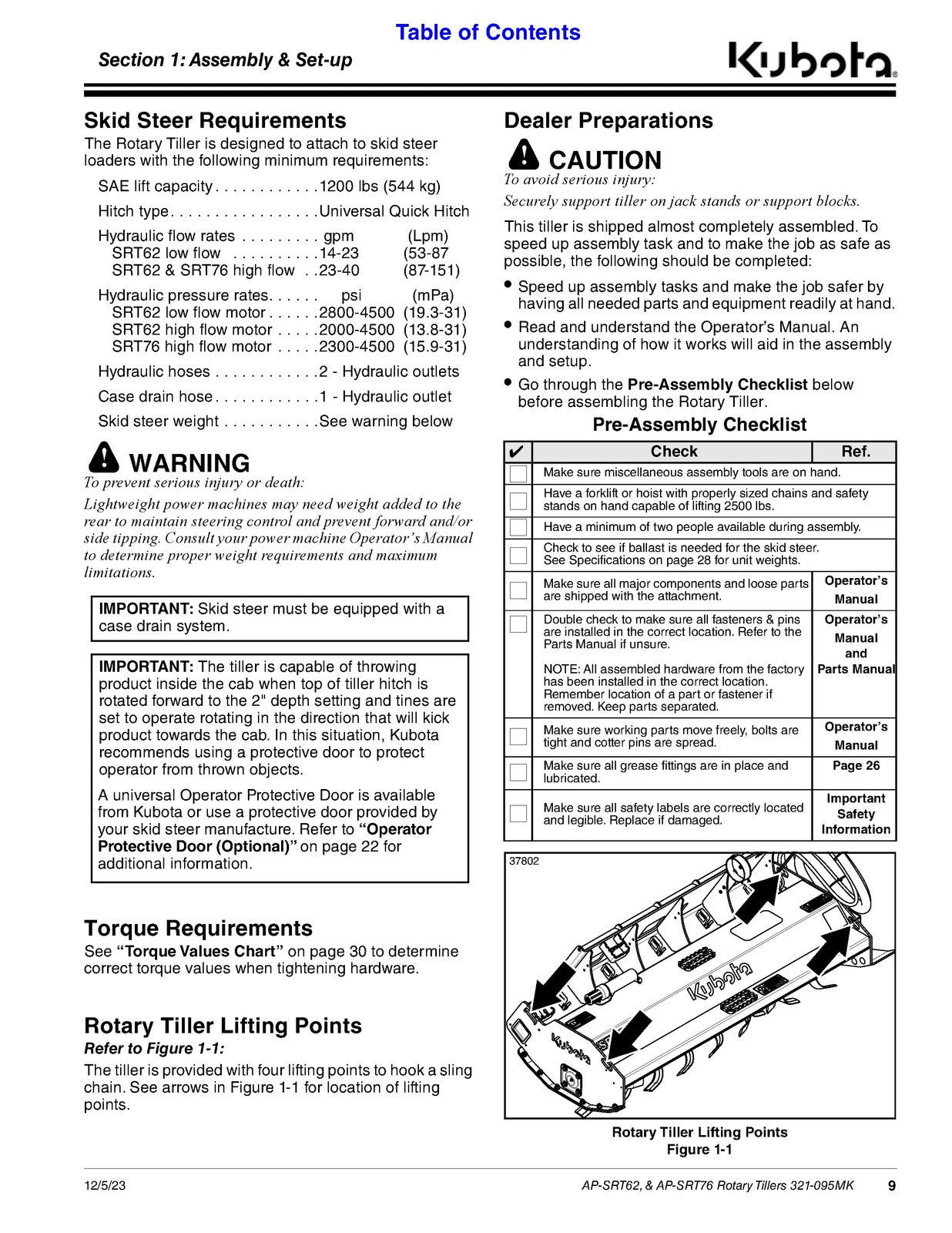 KUBOTA Land Pride AP-SRT62 AP-SRT76 Rotary Tiller Operators Manual - WIRE BOUND