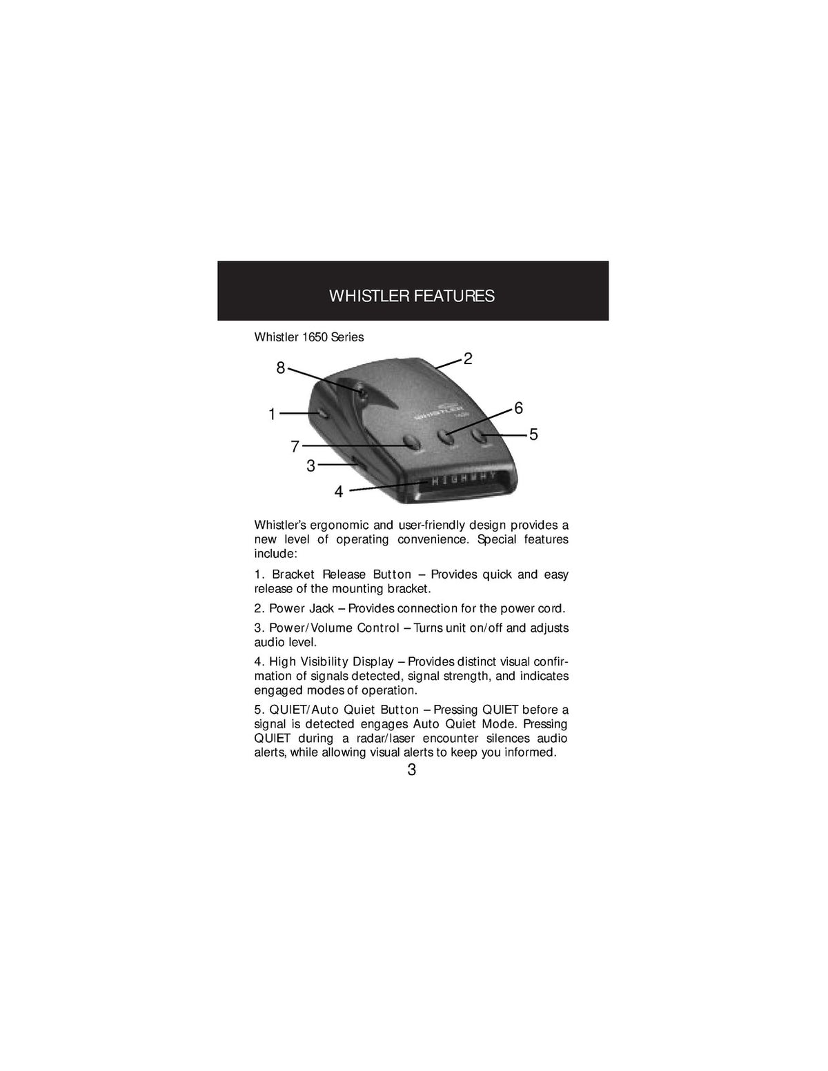 WHISTLER 1650 Series Laser Radar Detector Owners Manual - WIRE BOUND - COVERS
