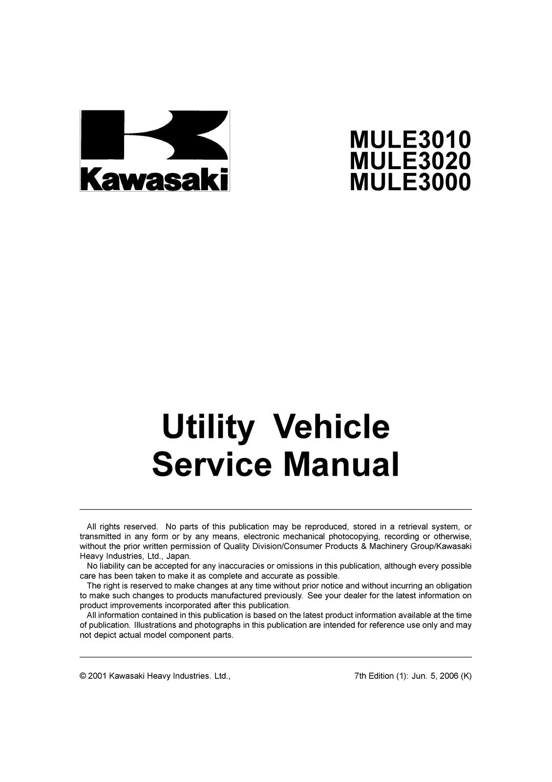 KAWASAKI Mule 3010 Service Manual - STEEL WIRE BOUND - PROTECTIVE COVERS