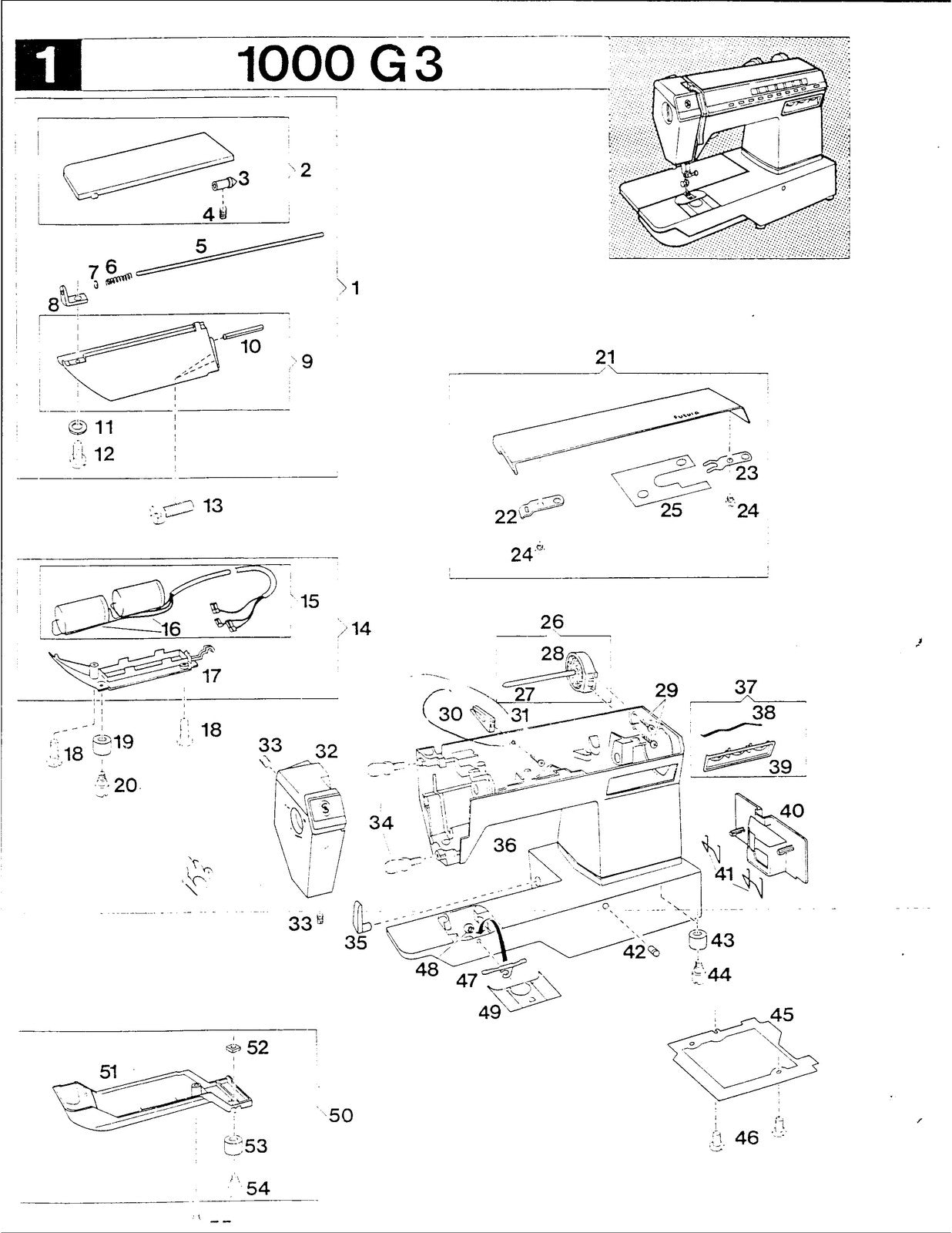 SINGER Futura 1000 Sewing Machine Parts List Manual - WIRE BOUND - COVERS