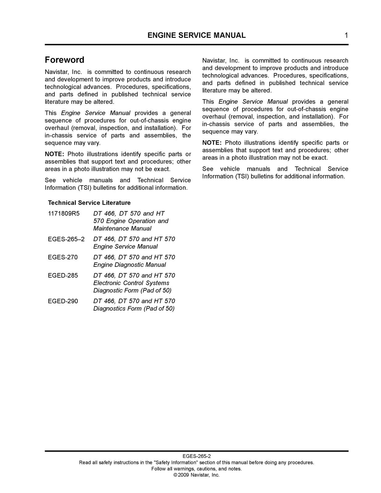 INTERNATIONAL DT 466 DT 570 HT 570 Diesel Engine Service Manual 2009 - BOUND