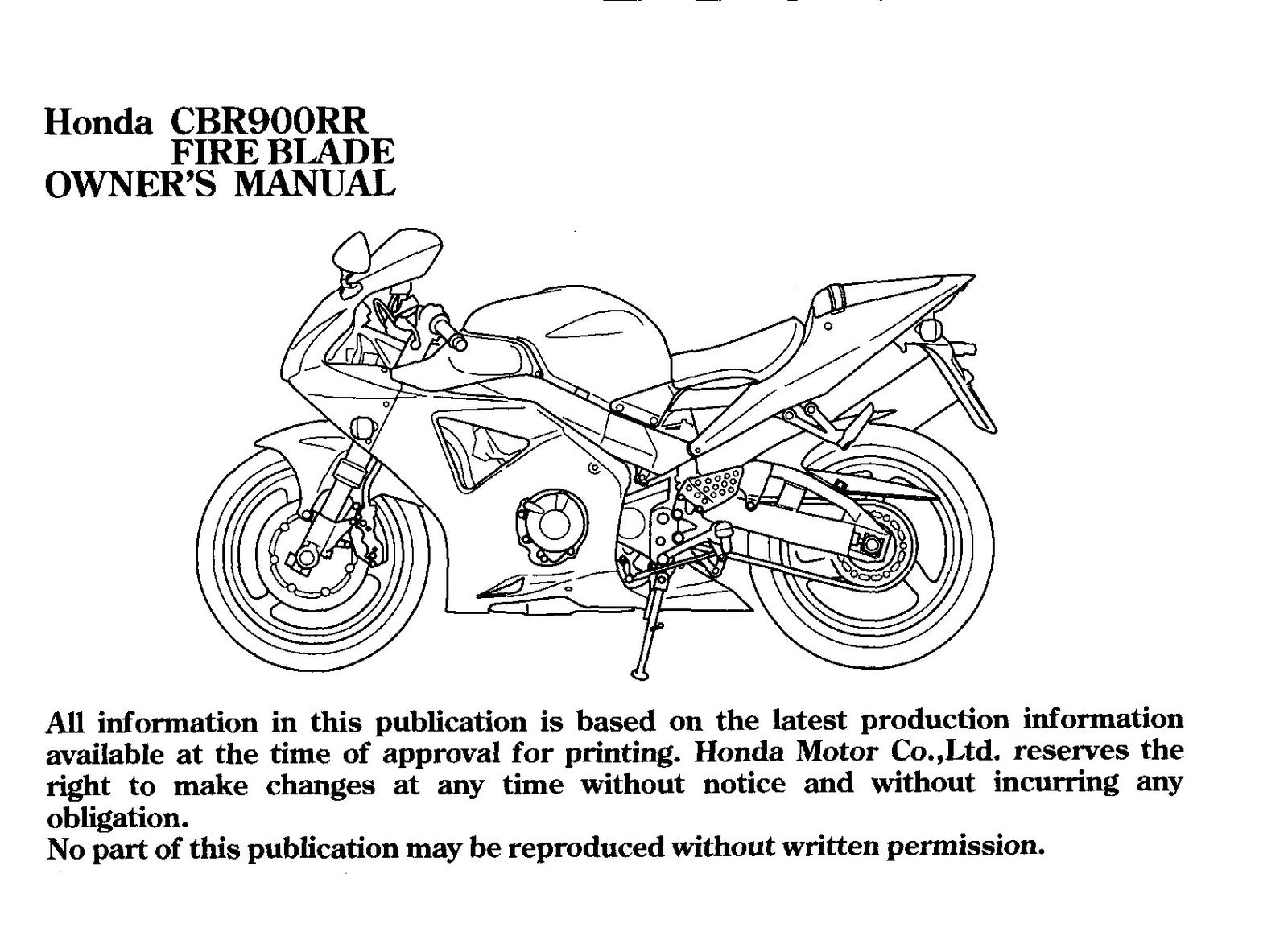 HONDA CBR900RR Fire Blade Owners Manual 2002 - BOUND - COVERS - XL FOLDOUT PAGES