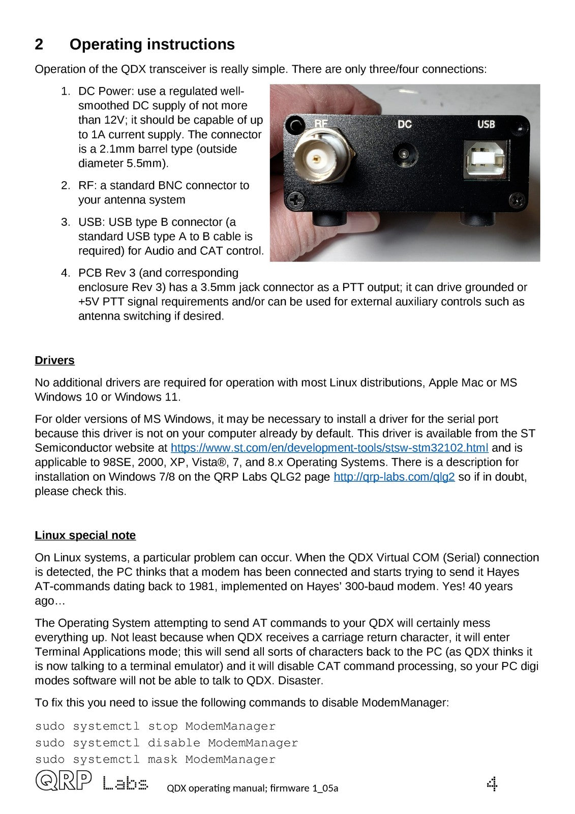 QRP LABS QDX Digital Transceiver Operating Manual - WIRE BOUND - TOUGH COVERS