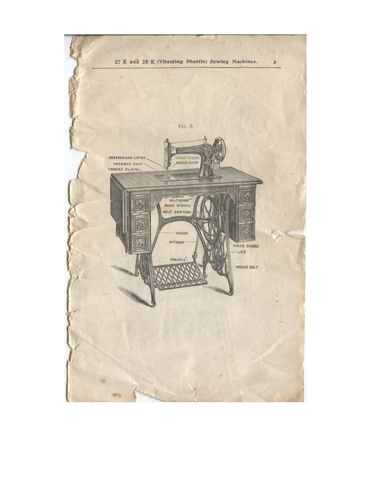 SINGER 27K 28K Vibrating Shuttle Sewing Machine Instruction Manual - WIRE BOUND