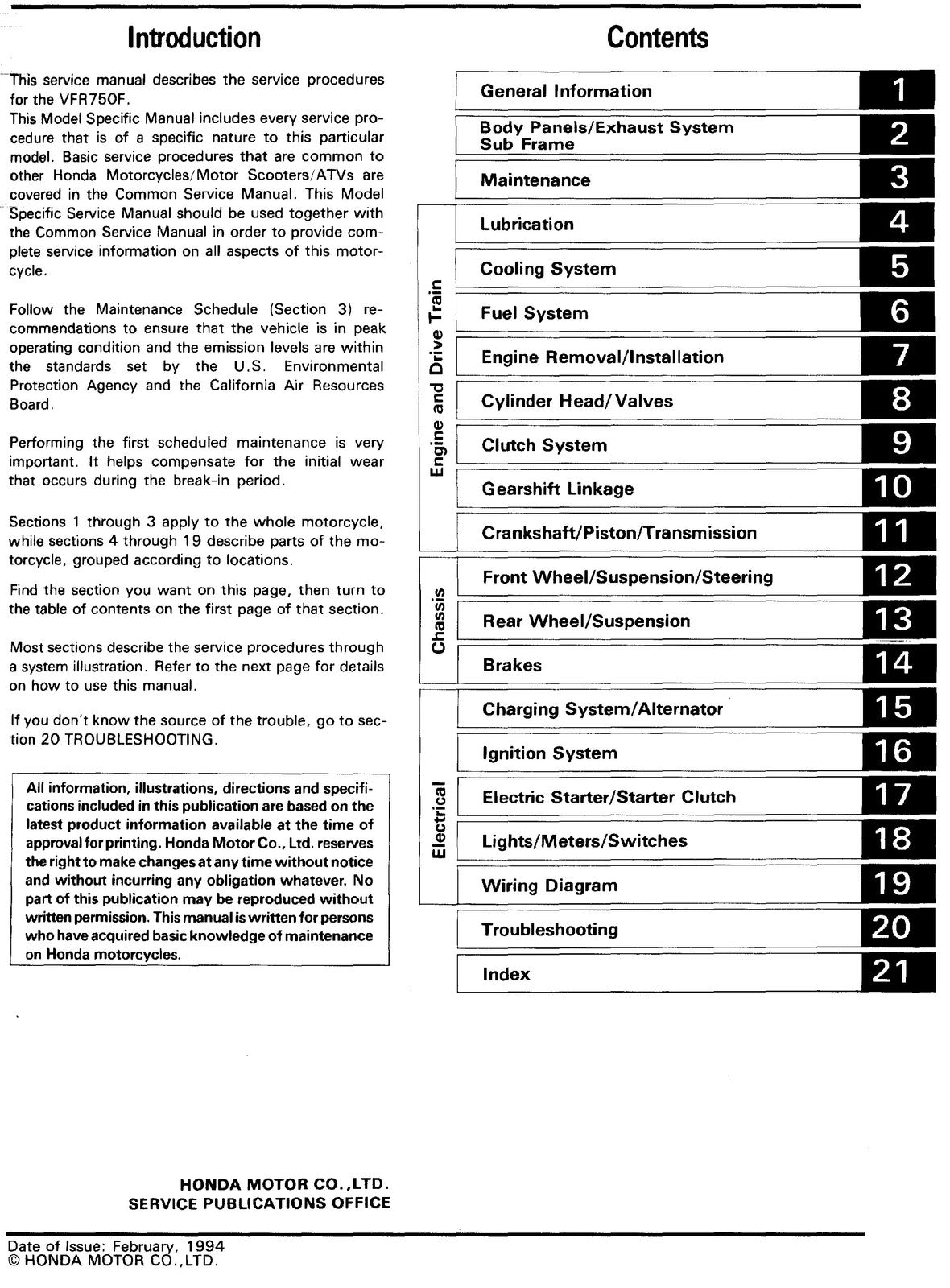 HONDA VFR750F Service Manual - BOUND - COVERS - XL FOLDOUT PAGES