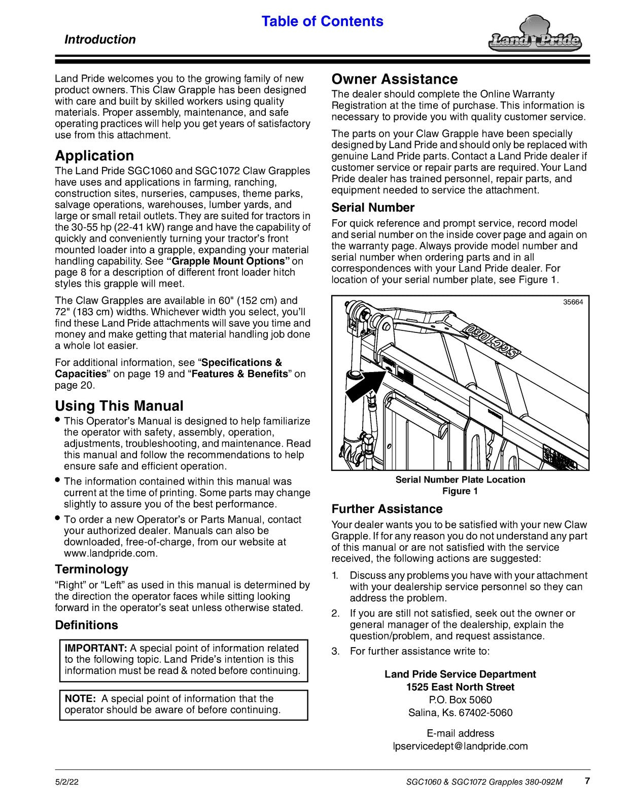 LAND PRIDE SGC1060 SGC1072 Grapple Operators Manual 2022 - WIRE BOUND - COVERS