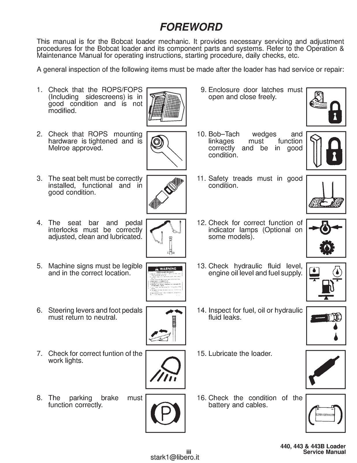 BOBCAT 440 443 443B Skid-Steer Loader Service Manual 1995, FOLDOUTS