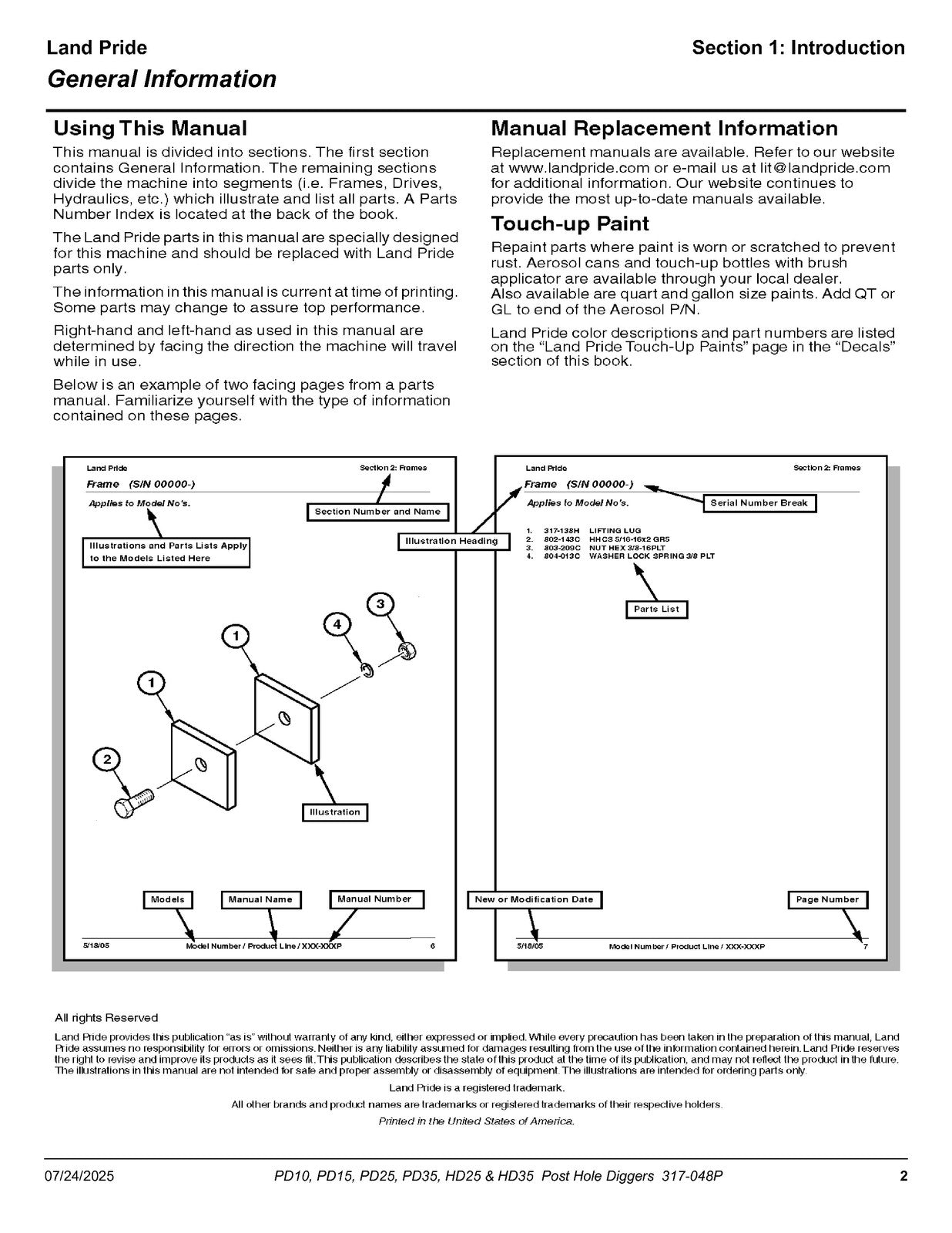 LAND PRIDE PD10 15 25 35 HD25 35 Post Hole Diggers Parts Manual 2025 - BOUND