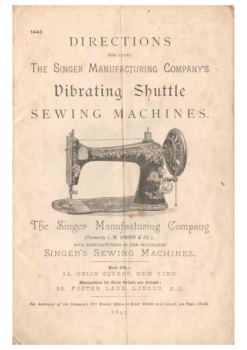 SINGER Fiddlebase from 1891 Sewing Machine Instruction Manual - WIRE BOUND