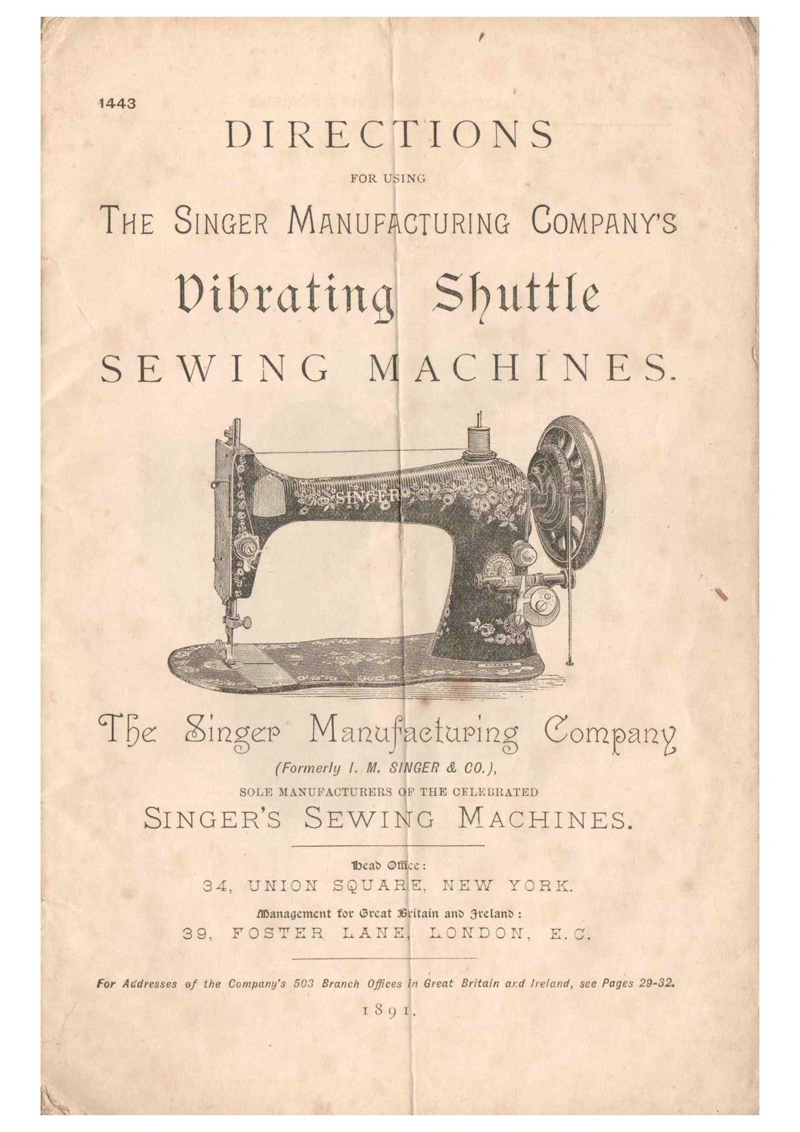 SINGER Fiddlebase from 1891 Sewing Machine Instruction Manual - WIRE BOUND