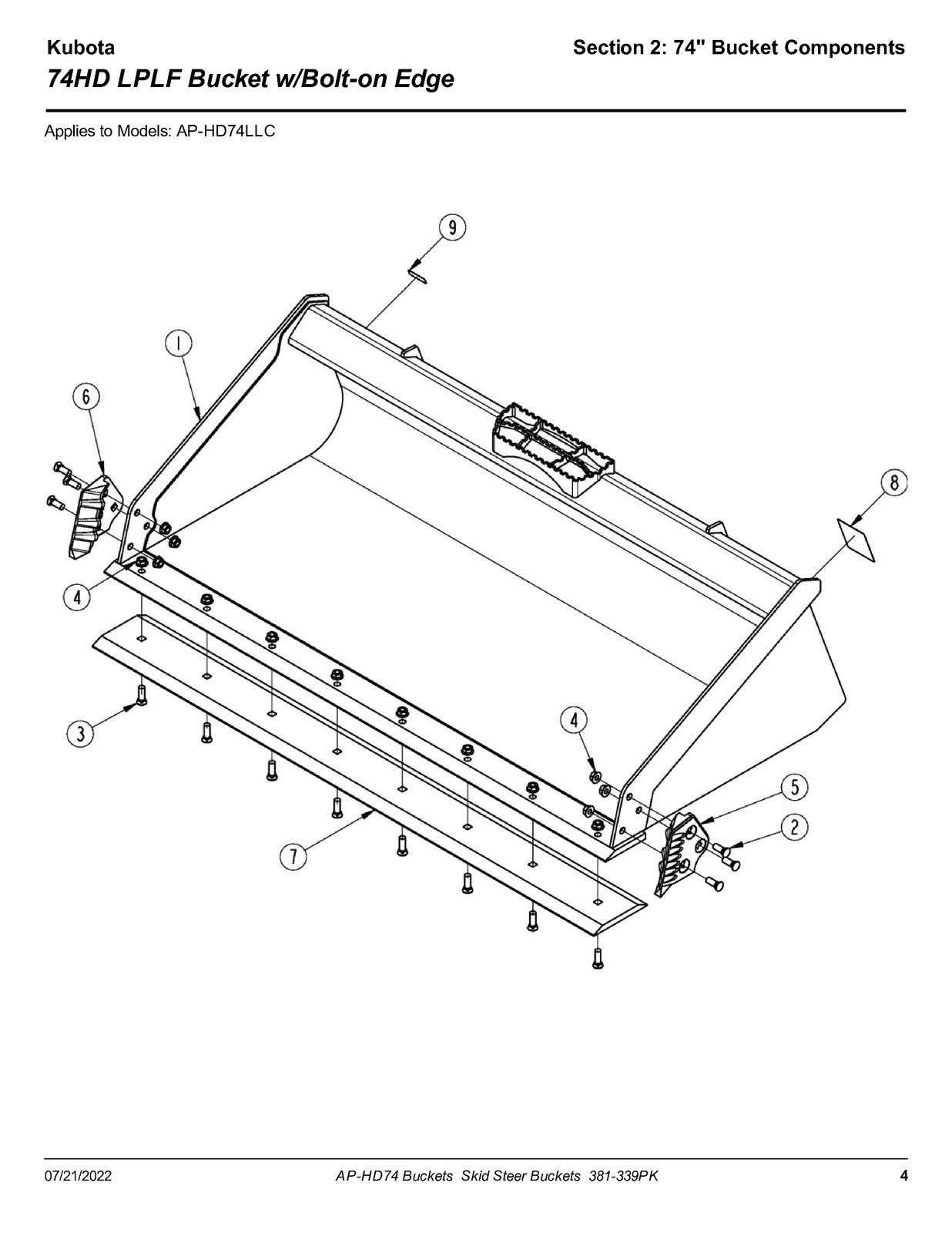 LAND PRIDE HD74 SL HD Series Buckets Parts Manual 2022 - WIRE BOUND - COVERS