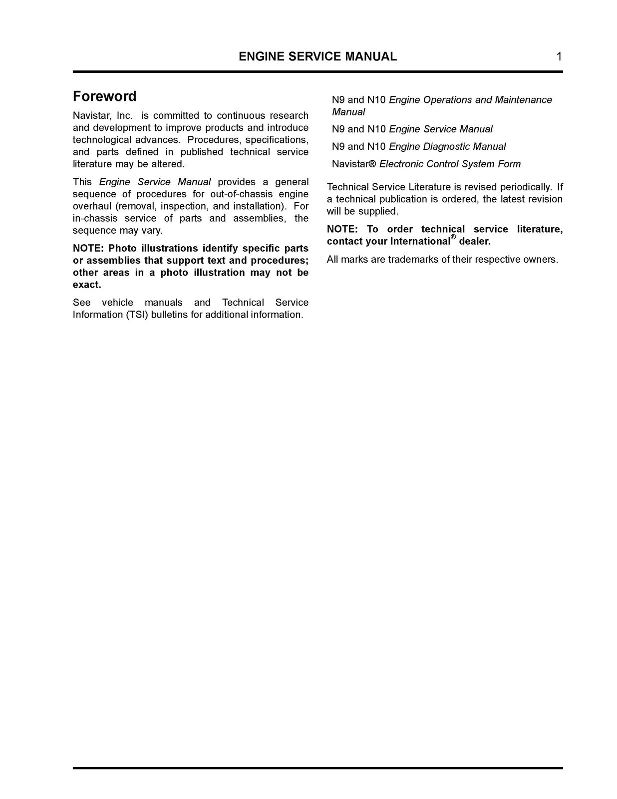 NAVISTAR N9 N10 Engine Service Manual 2014 - STEEL WIRE BOUND - TOUGH COVERS