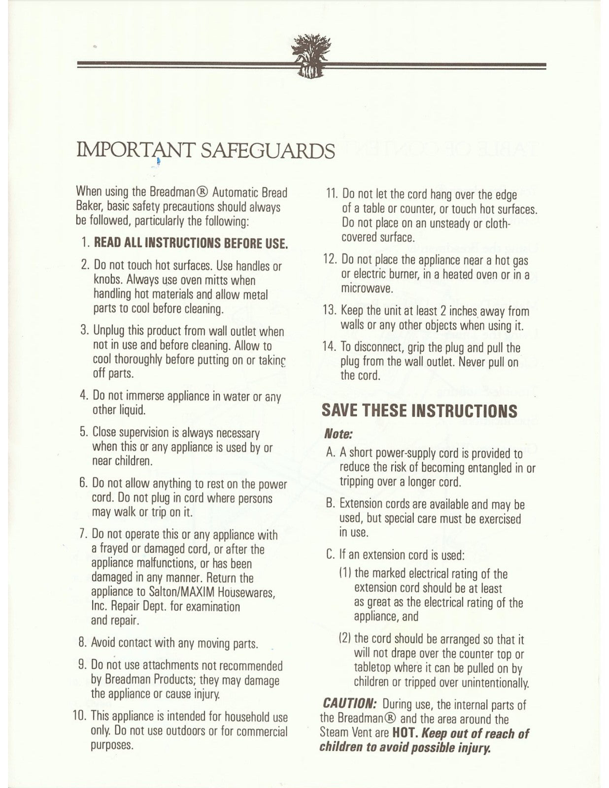 BREADMAN TR-400 Automatic Bread Baker Instruction Manual - WIRE BOUND - COVERS