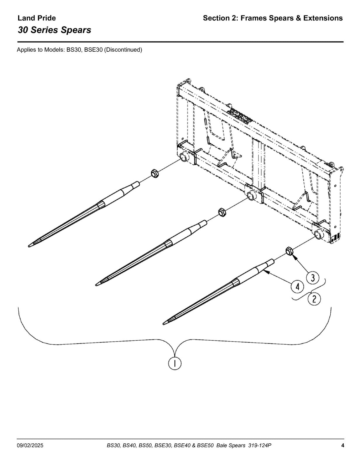 LAND PRIDE BS30 BS40 BS50 BSE50 Bale Spears Parts Manual - WIRE BOUND - COVERS