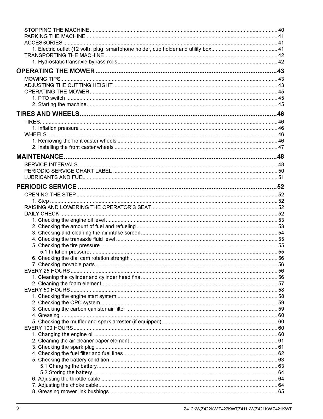 KUBOTA Z411KW Z421KW Z422KW Z422KWT Zero Turn Operators Manual, FOLDOUTS