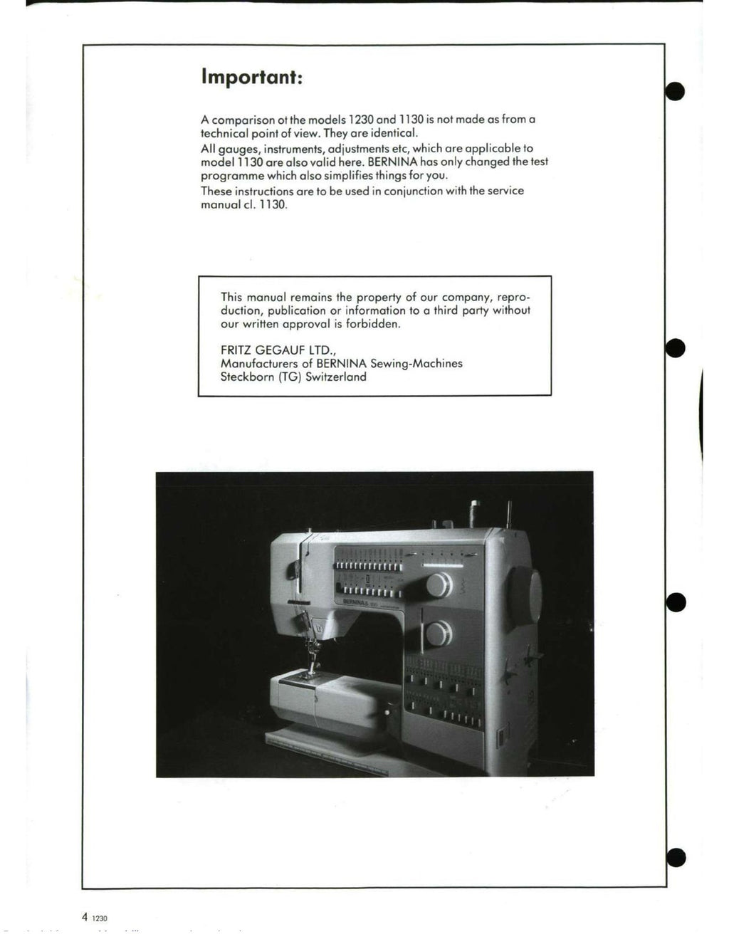 BERNINA 1230 SERVICE MANUAL Supplement to 1130 1120 - WIRE BOUND - TOUGH COVERS