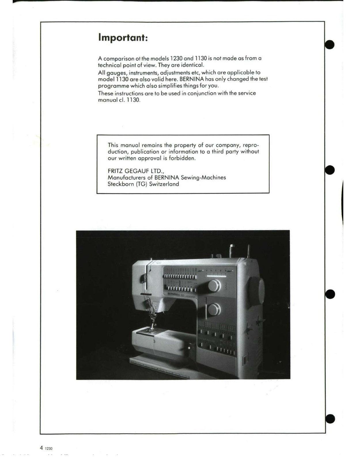 BERNINA 1230 SERVICE MANUAL Supplement to 1130 1120 - WIRE BOUND - TOUGH COVERS