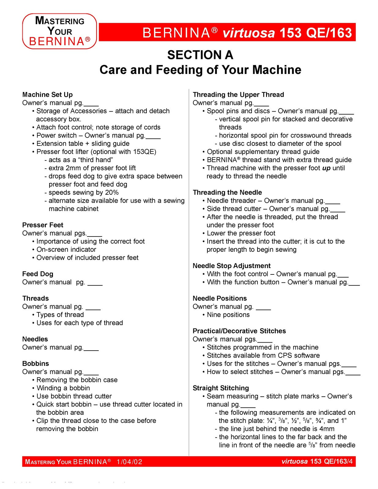 BERNINA Virtuosa 153 QE 163 Mastery Workbook - STEEL WIRE BOUND - TOUGH COVERS