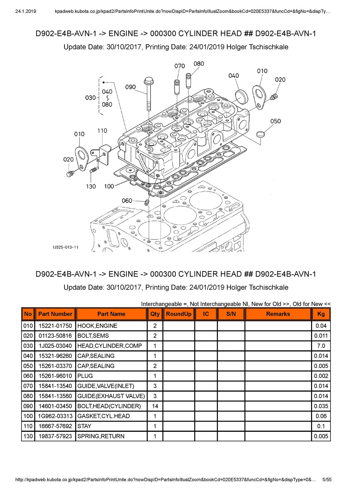 KUBOTA D902-E4B Engine Illustrated Parts List Manual - WIRE BOUND - TOUGH COVERS