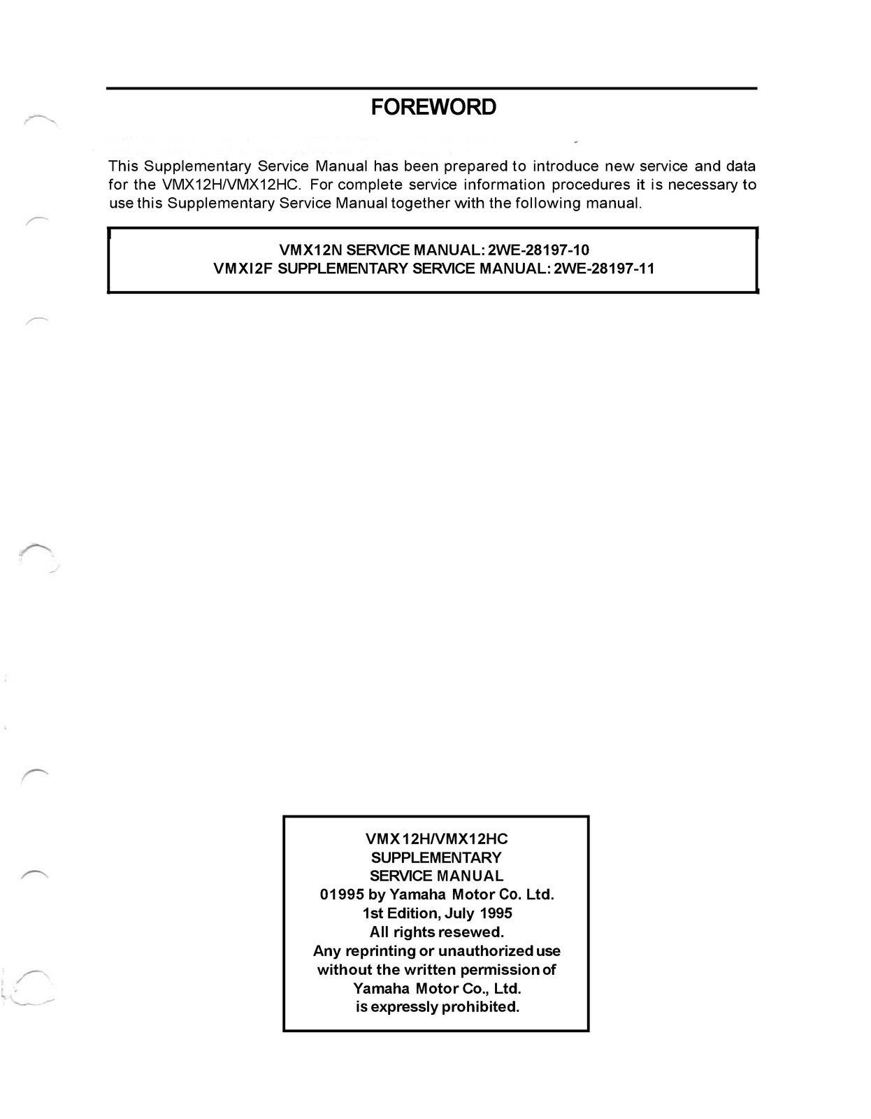 YAMAHA VMAX VMX12 Motorcycle Service Manual - STEEL WIRE BOUND - TOUGH COVERS