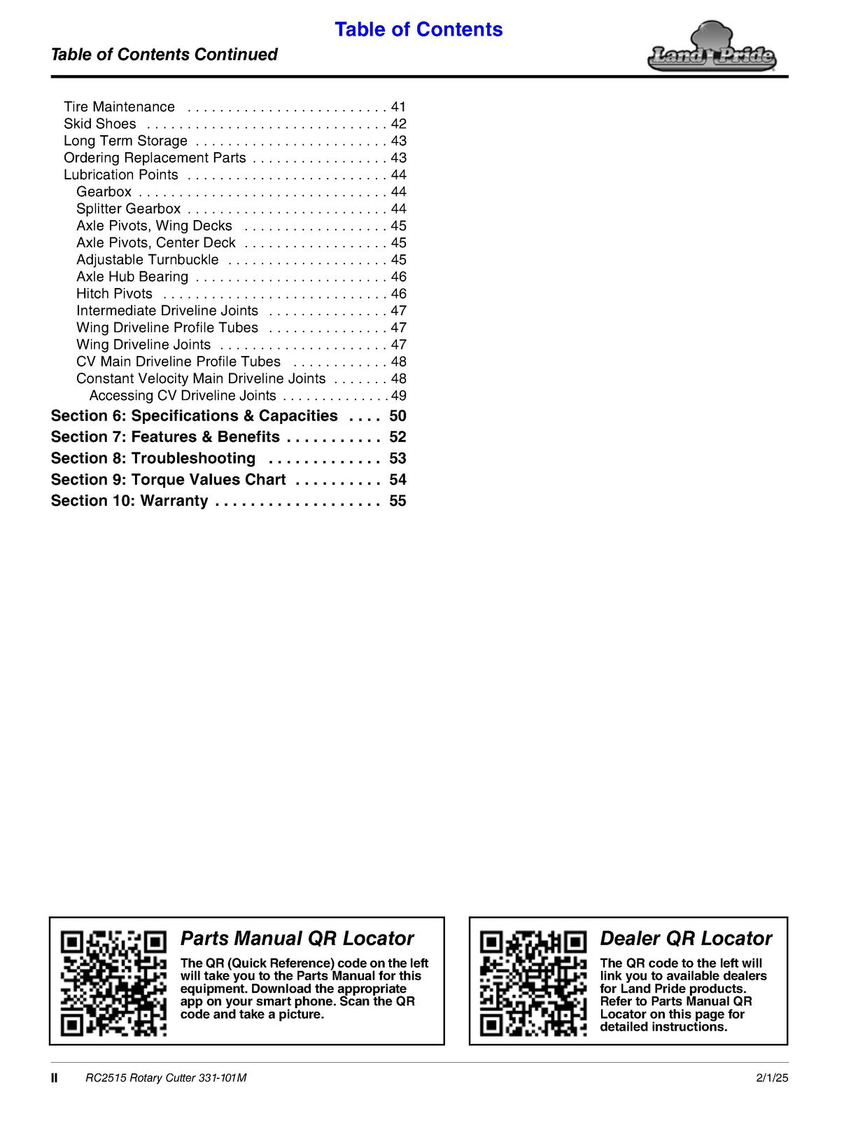 LAND PRIDE RC2515 Rotary Cutters Operators Manual - WIRE BOUND - TOUGH COVERS