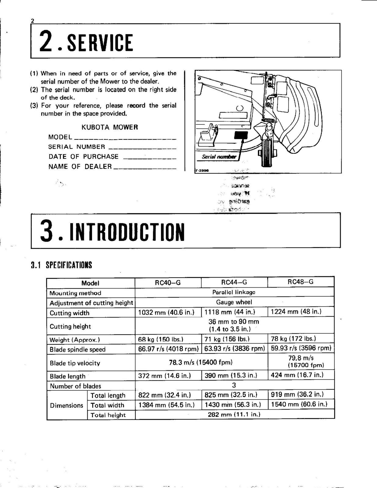 KUBOTA RC40-G RC44-G RC48-G Mower Deck Operators Manual - WIRE BOUND - COVERS